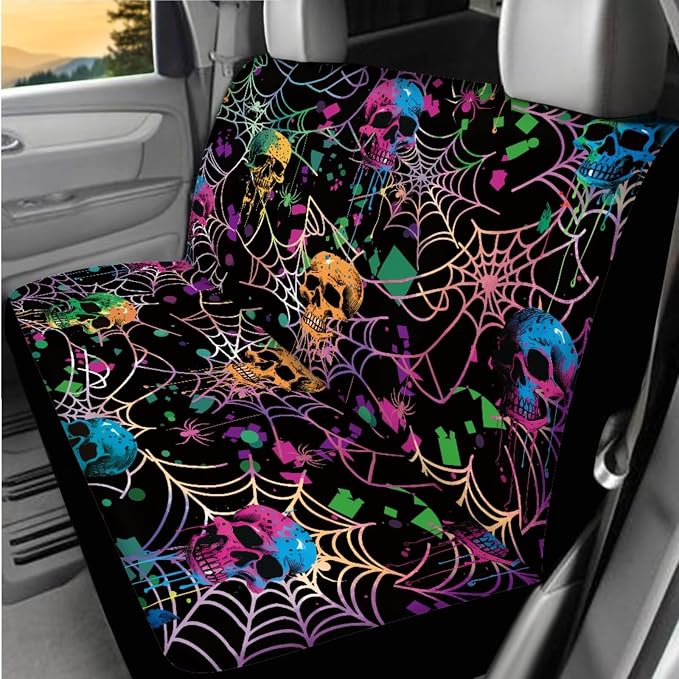 Colorful Spiderweb Skulls Car Seat Cover Full Set with Car Steering Wheel Cover, Auto Armrest Pad Protector, Auto Seat Belt Pads, Halloween Automotive Decorations Set of 8