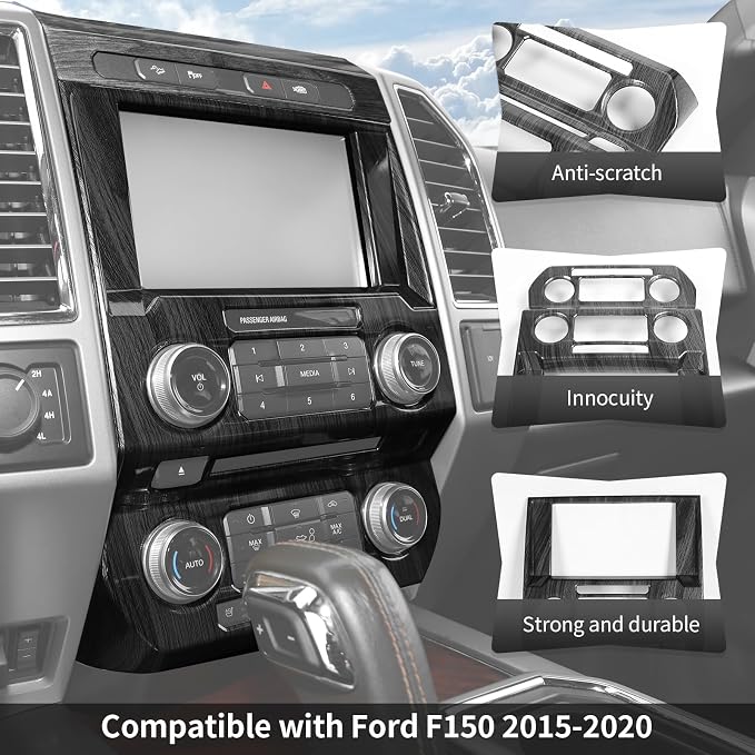 CheroCar Black Wood Grain Central Control Navigation & Emergency Light Control Panel Trim Cover Kit Fit for Ford F150 2015-2020 Hazard Light Switch & GPS Screen Surround Decorative Bezels