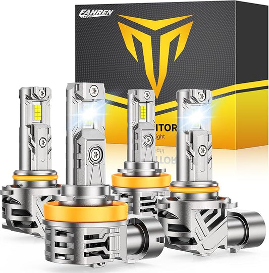 FAHREN H11 9005 Light Bulbs Combo, 110000LM 11X Super Bright H9 H8 HB3 Off-Road Use or Fog Light Bulbs, 6500k White Non-Polarity Plug and Play, Pack of 4