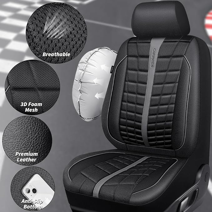 CAR PASS 3D Foam Mesh Leather Car Seat Covers Full Set, Breathable Premium Leather Seat Covers for Car,Anti Slip Universal Fit for Trucks Cars Sedans Vans SUVs, Airbag Compatible, Black Gray