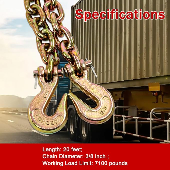 Heavy Duty G80 Transport Binder Chain 3/8'' Inch x 20 Feet,Tow Chain with G70 Clevis Grab Hooks,7100 lbs Safe Working Load Logging Chain for Transporting, Towing(3/8'' x 20FT Yellow).