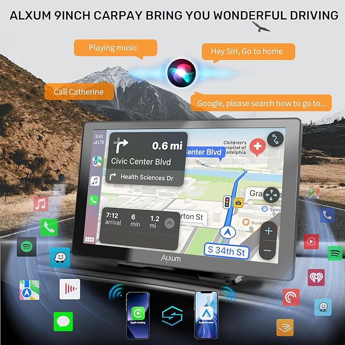 Wireless Apple Carplay Screen for Car, 9" HD Touchscreen Portable Car Stereo with Android Auto, Backup Camera, Mirror Link, GPS Navigation, Voice Control, AUX - Compatible with All Vehicles