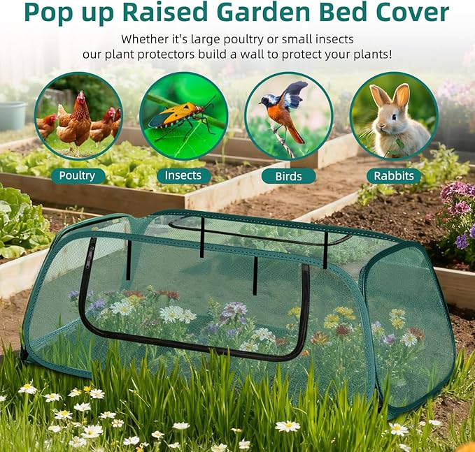 Pop-Up Mesh Garden Cover for Raised Beds – 2-Pack Outdoor Plant Cage with 30% Sun Shade & Insect Protection, Zip Window, Foldable Crop Tent for Seedlings, Wildlife, Includes 8 Stakes