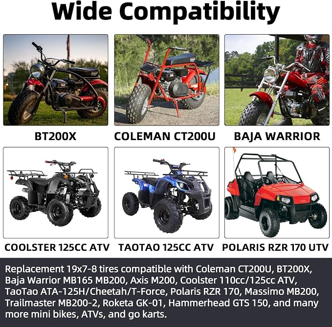 AR-PRO 19x7-8 ATV UTV Tires – 4PR Tubeless All-Terrain Off-Road Tires Compatible with Coleman CT200U, BT200X, Baja Warrior MB165 MB200, Axis M200, Coolster 110cc 125cc Quad Go Kart