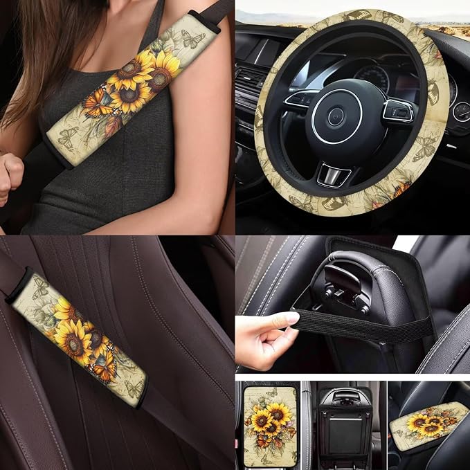 Butterfly Car Accessories Set Full Sets of 17 Pack Sunflower Car Seat Covers Full Sets with Front and Split Rear Bench Heavy Duty Floor Mats Seat Belt Shoulder Pad Steering Wheel Covers