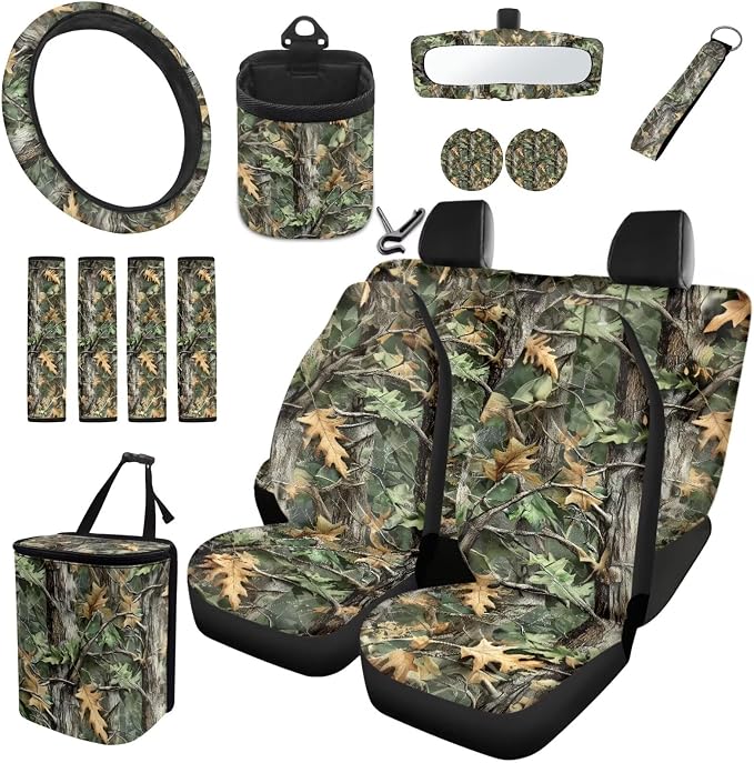 Dreaweet Camo Hunting Seat Covers for Cars Full Set Universial Steering Wheel Cover Seat Belt Pads Trash Bag Vent Storage Pouch Rear View Mirror Cover Car Coasters Keychain 15 Pcs Set