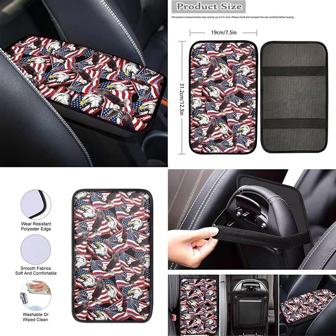 Wanyint Car Accessories 12 PCS, with Car Seat Covers Steering Wheel Seat Belt Pad Armrest Handbrake Gear Shift Cover Coasters 4th of July Universal Auto Interior Decor, American Flag Eagle Print