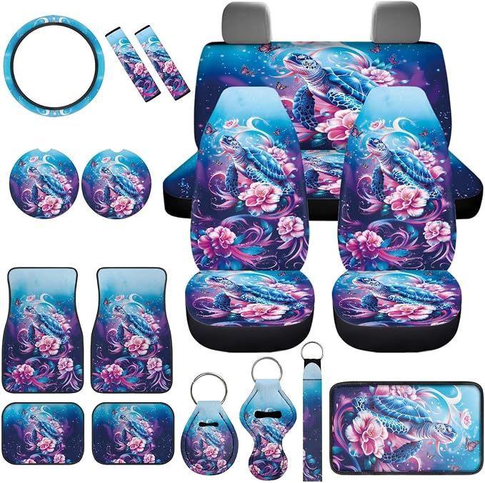 17Pcs Sea Turtle Flower Car Seat Covers Full Set for Women,Sea Turtle Flower Car Accessories Set with Seat Belt Pads Steering Wheel Cover Auto Front Rear Foot Carpet All Weather,Universal Fit