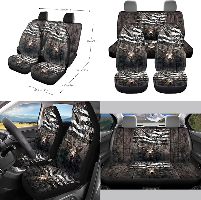Deer Wood American Flag Pattern 10 Pcs Auto Accessories, Car Front and Rear Seat Covers Full Set Steering Wheel Cover Air Vent Pounch Box Car Rubbish Bin Cup Coasters Keychain for Women Men