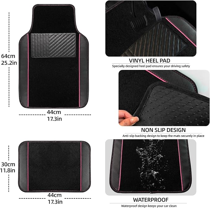 NBTEPEM 10 Pcs Car Floor Mats Full Set Car Accessories, Microfiber Leather Steering Wheel Covers 14.5-15 inch, Center Console Cover, Seat Belt Pads, Cup Coasters, Universal Interior Decor(Pink)