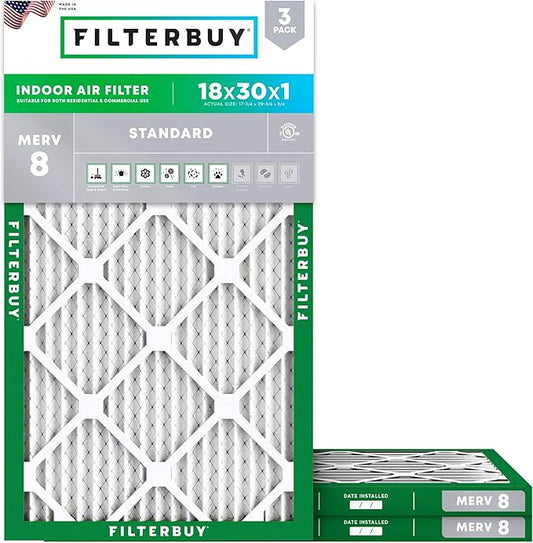 Filterbuy 18x30x1 Air Filter MERV 8 Essential Dust & Allergy Defense (3-Pack), Electrostatic Pleated HVAC AC Furnace Filters Replacement (Actual Size: 17.75 x 29.75 x 0.75)