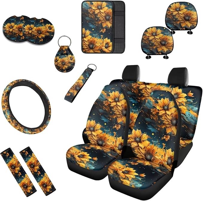 Sunflower Car Seat Cover Set 13 Pcs, Oil Painting Art Seat Belt Strap Pads Cup Coasters Armrest Pad, Watercolor Flower Vehicle Headrest Cover Steer Wheel Covers