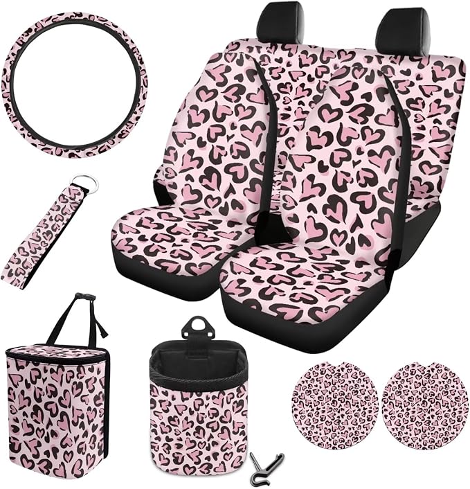 Leopard Heart Print Car Seat Covers Full Sets of 10 Waterproof Steering Wheel Cover, Car Air Vent Storage, Car Garbage Can, Cup Coaster, Lanyard Keychain for Vehicle SUV Truck