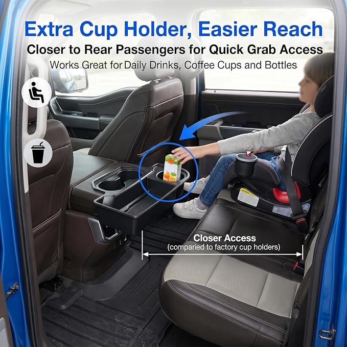 Rear Console Cup Holder Fits for 2015-2020 Ford F150 Bucket Seats Behind Armrest Tray Console Organizer Rear Cup Insert Compatible with F150 Interior Accessories Back Center Console Storage