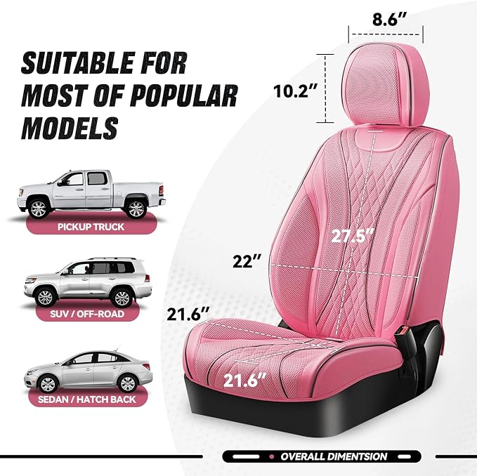 Auto Dynasty Car Seat Covers Front Set, Anti-Slip Automotive Interior Covers with Storage Pocket, Breathable Car Seat Protectors, Airbag Compatible, Fit Most Vehicles, Diamond Stitch Mesh Pink (2Pcs)