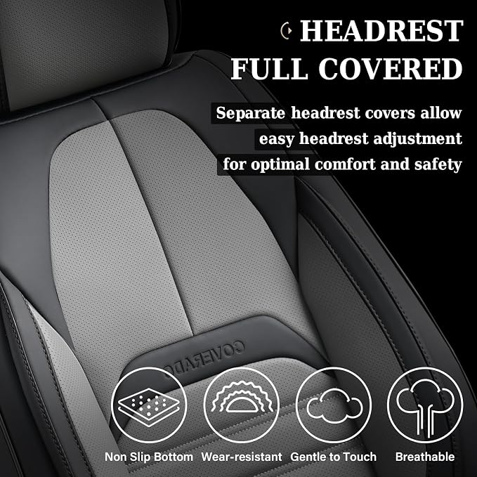Coverado Car Seat Covers Full Set, Seat Covers for Cars, Automotive Seat Covers, Waterproof Nappa Leather Front Seats and Back Car Seat Protector, Universal Fit for Most Cars SUV Trucks,Black&Gray