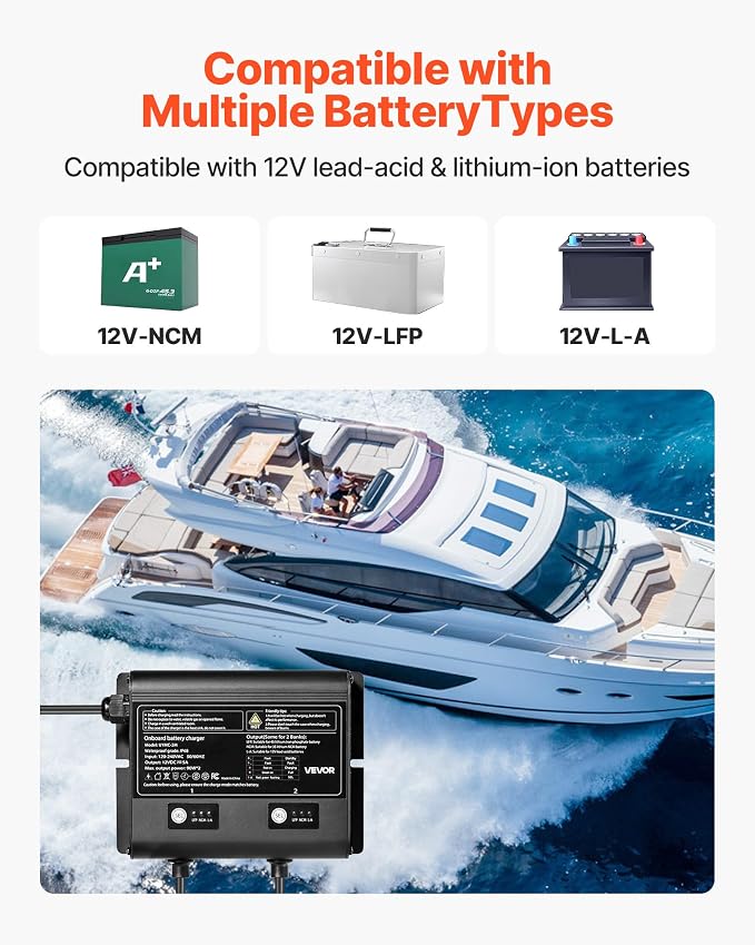 VEVOR 2 Bank Marine Battery Charger, 5A × 2, 12V Onboard Charger, IP68 Waterproof Smart Boat Battery Charger, for Lithium-Ion LiFePO4, NCM, Lead-Acid Batteries, Large Boat, Yacht, RV, Trailer