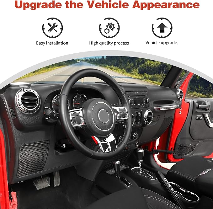 CheroCar 18PCS Interior Trim Kit for Jeep Wrangler JK JKU 2011-2018 4 Door,Steering Button Frame, Air Conditioning Vent Trim Cup Holder Cover,Gear Shift Knobs Frame,Chrome