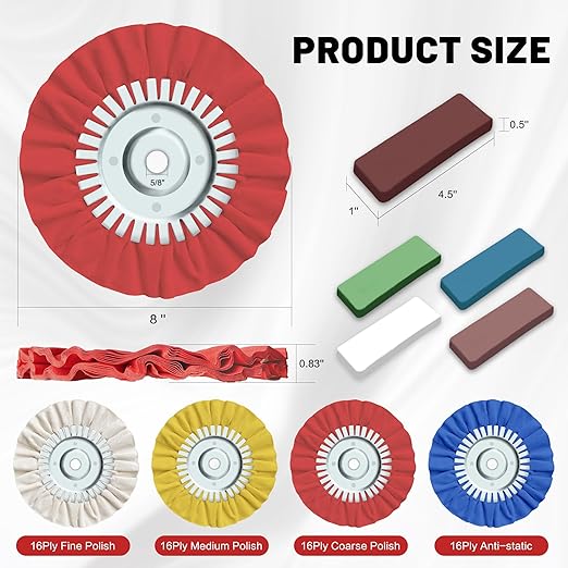 8" Airway Buffing Wheel, 9Pcs Aluminum Polishing Wheel Kit for Angle Grinder, Polishing Compound and Metal Polishing Pads for Stainless Steel Chrome Car Polish Mirror Finish (5/8" Arbor Hole)