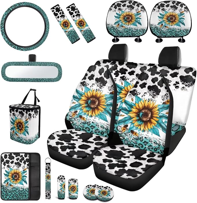 Cute Cow Print Car Seat Covers Full Set of 17 Pcs Sunflower Car Accessories for Women with Auto Headrest Covers Auto Steering Wheel Cover Keychains,Universal Automotive Interior Set Decor