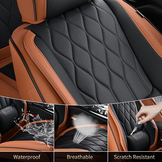FLORICH Car Seat Covers Full Set Automotive Seat Covers with Lumbar Support Premium Nappa Leather Waterproof Seat Covers for Car 5 Seats Universal Fit for Most Car Truck SUV, Brown&Black