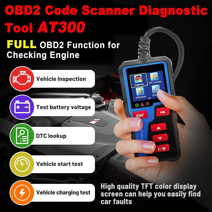 AT300 Car Code Reader, OBD2 Car Code Scanner Check Engine Light Fault Code Reader Scanner CAN Diagnostic Tool for All OBDII Protocol Cars,Cranking Test