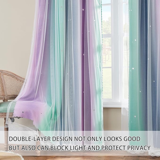 XiDi Purple Grey Green Curtains for Girls Bedroom 84 Inches Long 2 Panels Set, Rainbow Blackout Curtains for Kids Room Decor, Unicorn Wall Decals Drapes for Little Girl Nursery Room 34 Inches Wide