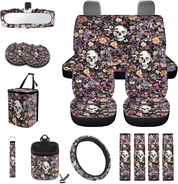 Skull Flower Butterfly Print Auto Interior Sets Full Car Front Rear Seat Covers Steering Wheel Cover Seat Belt Pad Coasters Trash Can Keychain Air Vent Storage Bag 15pcs Set