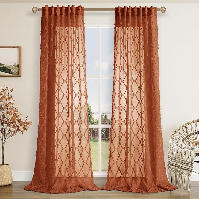 Hokibero Terracotta Sheer Curtains 96 Inches Long for Living Room 2 Panels Back Tab Rod Pocket Light Filter Semi Privacy Sheer Tuft Pom Terracotta Curtain for Bedroom Farmhouse Window Drapes 52x96