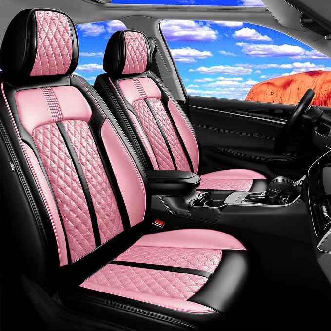 Fit Encore GX Car Seat Covers for Select Buick Encore GX 2020-2025 2026 - Premium Full Coverage Leather, Airbag Compatible, Waterproof & All Weather Seat Protector, Full Set, Black+Pink
