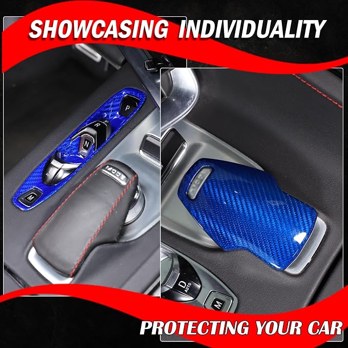 Set of 2 Genuine Carbon Fiber Gear Shift Panel Cover Trim for Corvette C8 2020-2025 Gear Shift Knob Head Protection&Console Gear Shift Button Panel P D Auto M Button Frame Accessories (Blue)