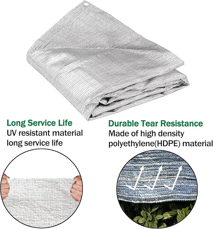 95% Sun Block Heavy Duty Aluminum Foil Shade Cloth with Grommets,8ft x 8ft, Mesh Sun Block Fabric Cover, Canopy, Privacy Screen for Outdoor Patio, Garden, Backyard, Silver