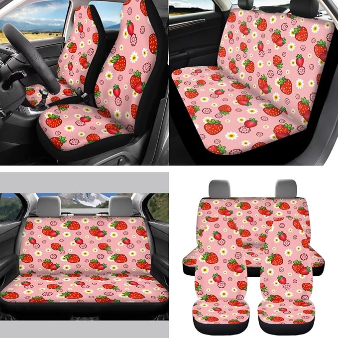 Strawberry Floral 15 PCS Car Seat Cover Set with Auto Steering Wheel Cover Seat Belt Strap Protector Cup Holder Trash Bag Rear View Mirror Protector Keychain
