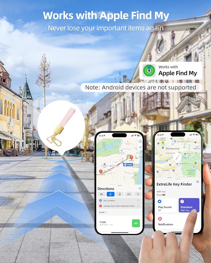 Keychain, Works with Apple Find My, Leather Car Keychain for Women and Men, Car Key Fob Holder, Key Chain with GPS Tracker, Anti-Lost Smart Keys Finder, Rechargeable, Pink