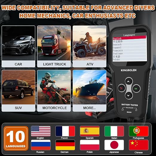 KINGBOLEN BM520 6V 12V 24V Car Battery Tester, 100-2000 CCA Automotive Load Tester Accurate Digital Auto Battery Analyzer Cranking and Charging System Tester for Cars Trucks SUV Motorcycle