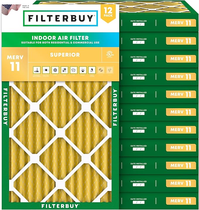 Filterbuy 12x20x2 Air Filter MERV 11 Superior Pet & Allergy Defense (12-Pack), Electrostatic Pleated HVAC AC Furnace Filters Replacement (Actual Size: 11.50 x 19.50 x 1.75)