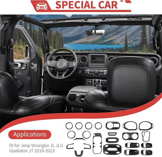 23pcs Full Set Interior Trim Kit for Jeep Wrangler JL JLU Gladiator JT 2018-2023 Steering Wheel Door Handle Air Conditioning Vent Cup Holder Reading Light Headlight Gear Cover, Carbon Fiber