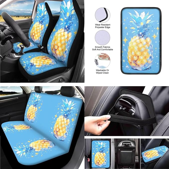 Pineapple 13 Pcs Car Seat Covers Full Set, Galaxy Fruit Auto Front and Rear Bench Seat Protector, Yellow Tropital Fruit Steering Wheel Sleeve Auto Armrest Cover