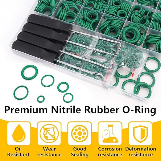 697 PCS AC O Ring Kit - Metric & SAE Green O-Rings for R12/R134a, with 4 Pick & Hook Tools, Universal Car A/C Seal Kit for Compressor, AC Lines - Automotive Air Conditioning Repair Set