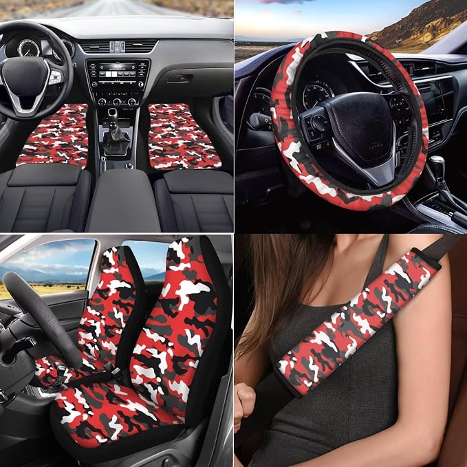17Pcs Red Camo Print Car Seat Cover Set, Easy Install, Car Seat Cover with Mats Steering Wheel Cover Armrest Cover Car Seat Belt Covers Car Coaster Keychain Roof Gloves