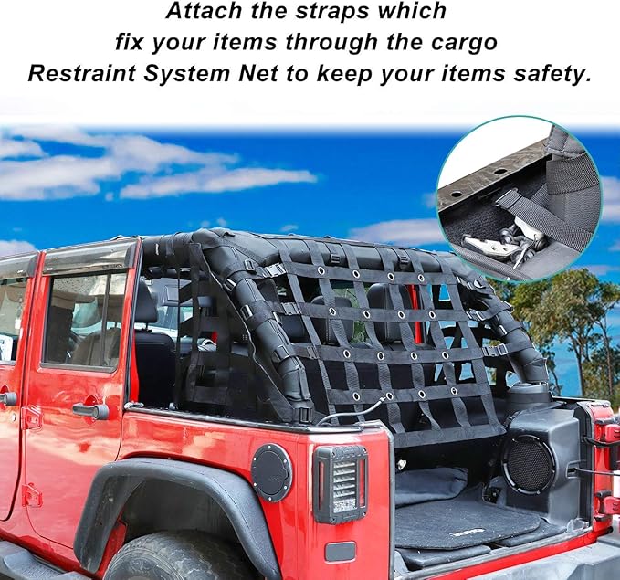 MFC New Black Trail Cargo Net Cargo Restraint System Net Compatible with for 2007-2018 Jeep Wrangler JK 4 Door