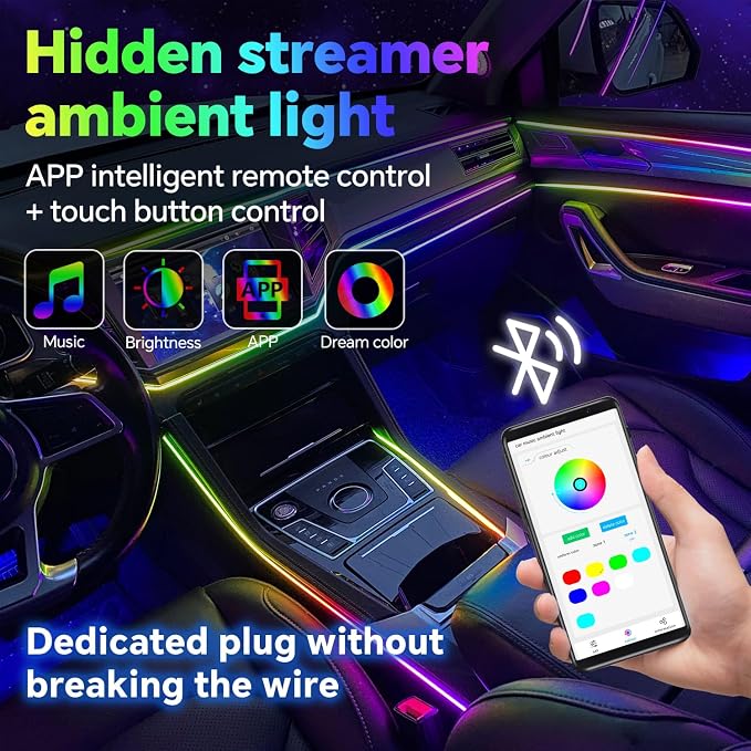 Dream Color Acrylic Interior Car Ambient Light Kit, Bphuny 18 in 1 593 LEDs Fiber Optic Multiple Modes Decoration Atmosphere Lights with Music Dynamic Rainbow Rhythm, RGB Neon Lights for All Cars