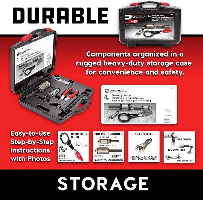 Powerbuilt 4 Piece Exhaust Pipe Tool Set, Repair Tailpipes, Expanders, Removing Dents, Chain Cutter, Nut Splitter, Import and Domestic Vehicles 648612