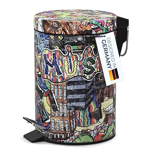Sanilo Small Bathroom Trash Can with Lid [1.3 Gallon] - Lidded Tiny Trashcan for Garbage - Mini Metal Bin with Soft Closing Mechanism - Bath Room Accessoire Wastebin with Inner Bucket (Graffiti)