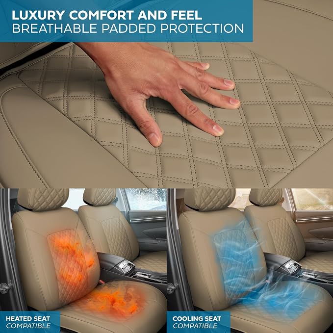 MotorBox Haven Series Napa Leather Seat Covers for Cars, Lux Edition Diamond Stitched Front Seat Covers, Premium PU Leatherette Beige Car Seat Covers for Cars Trucks SUVs