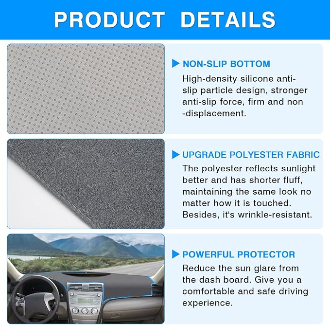 Autorder Gray Dashboard Cover Mat for Toyota Camry 2007-2011 Accessories Dash Cover Upgrade Polyester Dash Mat Sunshade Glare UV Rays Protector