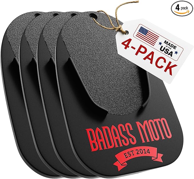 Badass Moto Motorcycle Kickstand Pad - Kick Stand Puck, Coaster Plate for Harley Davidson, Touring & Sport Bikes - Motorcycle Accessories for Grass, Dirt, Hot Pavement Parking Pad - Black (4-Pack)