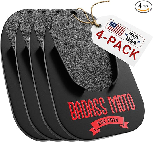 Badass Moto Motorcycle Kickstand Pad - Kick Stand Puck, Coaster Plate for Harley Davidson, Touring & Sport Bikes - Motorcycle Accessories for Grass, Dirt, Hot Pavement Parking Pad - Black (4-Pack)
