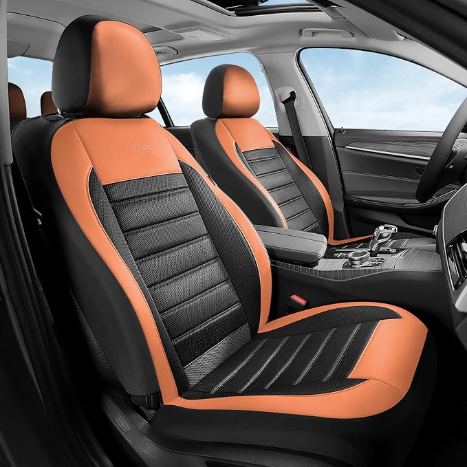 Coverado Car Seat Covers Full Set, Luxury Leather Car Seat Protector, Automotive Front and Rear Mesh Seat Covers, Full Set 5 Seats, Orange&Black Seat Cushion for SUV Sedan Truck
