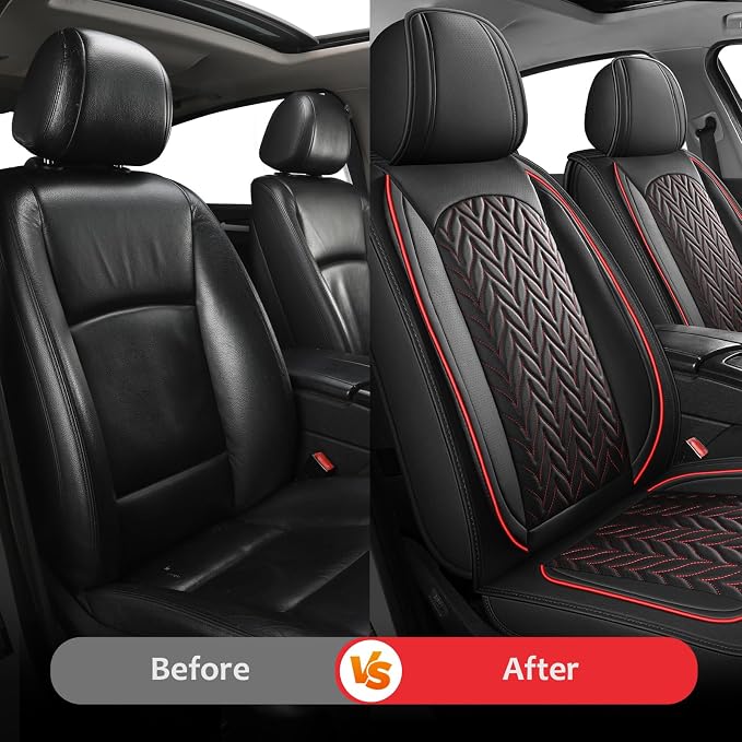 MIROZO F150 Seat Covers Full Set,Leather Truck Seat Covers Waterproof Car Seat Covers Fits for 2015-2026 Ford F-150 and 2017-2026 F-250 F-350,Easy to Install Cover Set (Black and Red,Full Set)